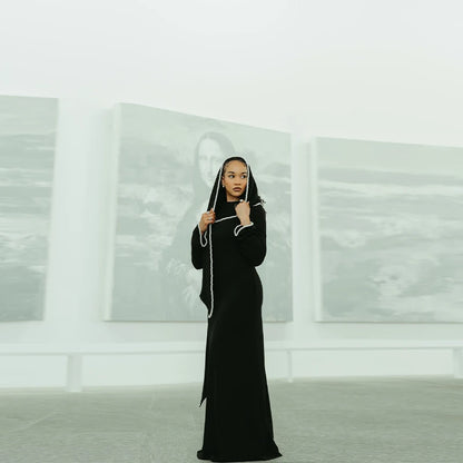 White Pearl Trim Cape Maxi Dress Women Elegant Long Sleeve Cinched Waist Muslim Robes 2026 Spring EID Abaya Lady Dresses