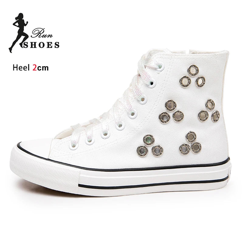 Breathable Hollow Canvas Short Boots Summer Women Black Casual Shoes Punk Rivet Flat Bottomed Shoes 2CM Woman High top Sneakers