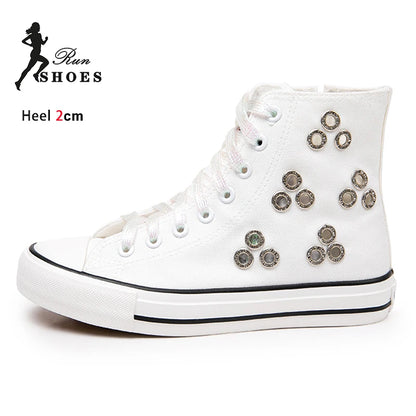 Breathable Hollow Canvas Short Boots Summer Women Black Casual Shoes Punk Rivet Flat Bottomed Shoes 2CM Woman High top Sneakers