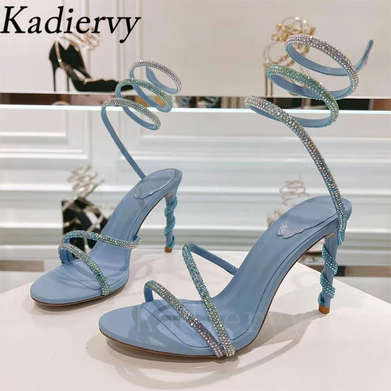 Luxury High Heels Sandals Woman Rhinestone Snake Twine Around Ankle Strap Wedding Shoes Stiletto Summer Gladiator Sandals Women