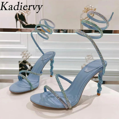 Luxury High Heels Sandals Woman Rhinestone Snake Twine Around Ankle Strap Wedding Shoes Stiletto Summer Gladiator Sandals Women