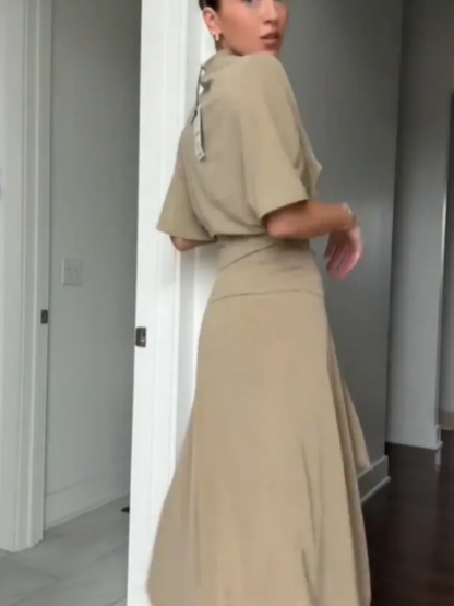 Fashion Elegant Casual Top Skirt Sets High Neck Loose Crop Shirt Irregular Pleated Hem Long Skirt 2026 New Lady Commuter Outfits