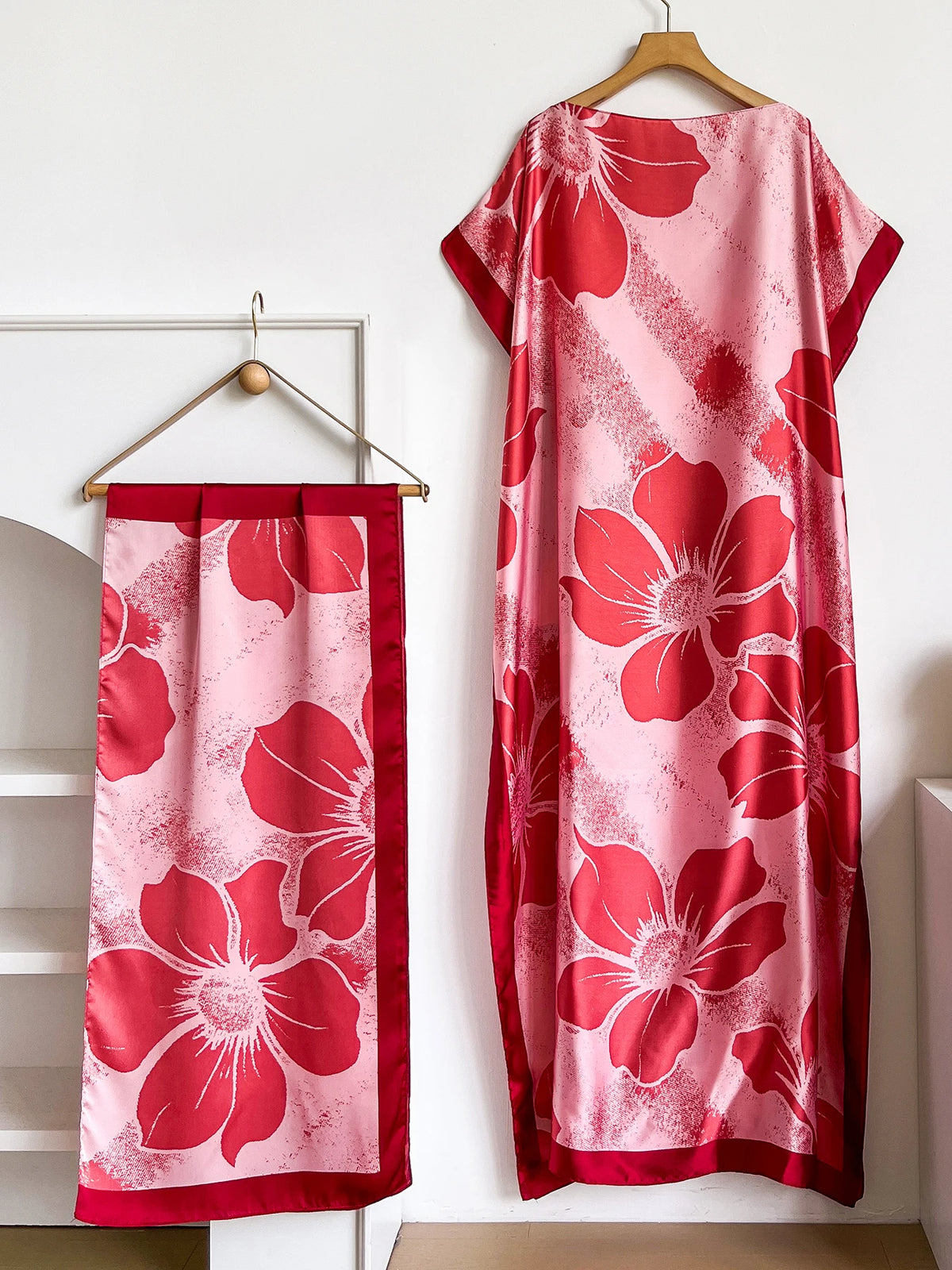 Summer Boho Floral Print Abaya With Scarf, Loose Batwing Maxi Kaftan For African Muslim Women Beach Holiday Wear
