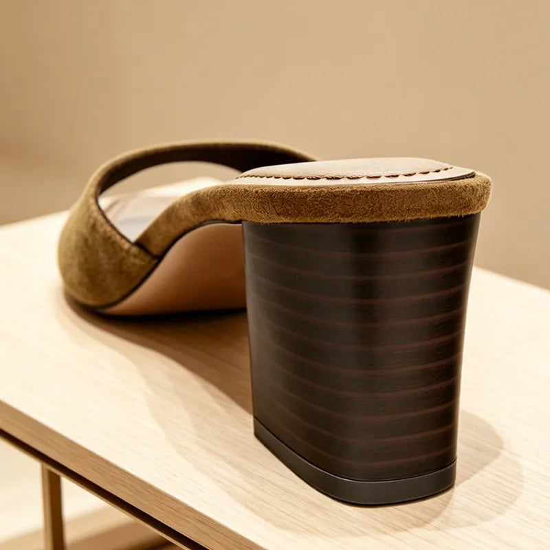 Elegant Faux Suede Chunk High Heel Mule Sandals Women Backless Square Toe Slippers for Ladies 2026 Summer Luxury Designer Shoes