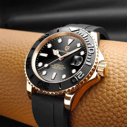 Hot Top PAGANI DESIGN Men Automatic Mechanical Watch Rose Gold Case Black Rubber Strap Dive Watch Sapphire Glass 100M Waterproof Luminous Date Sport Mens Wristwatch Relogio Masculino