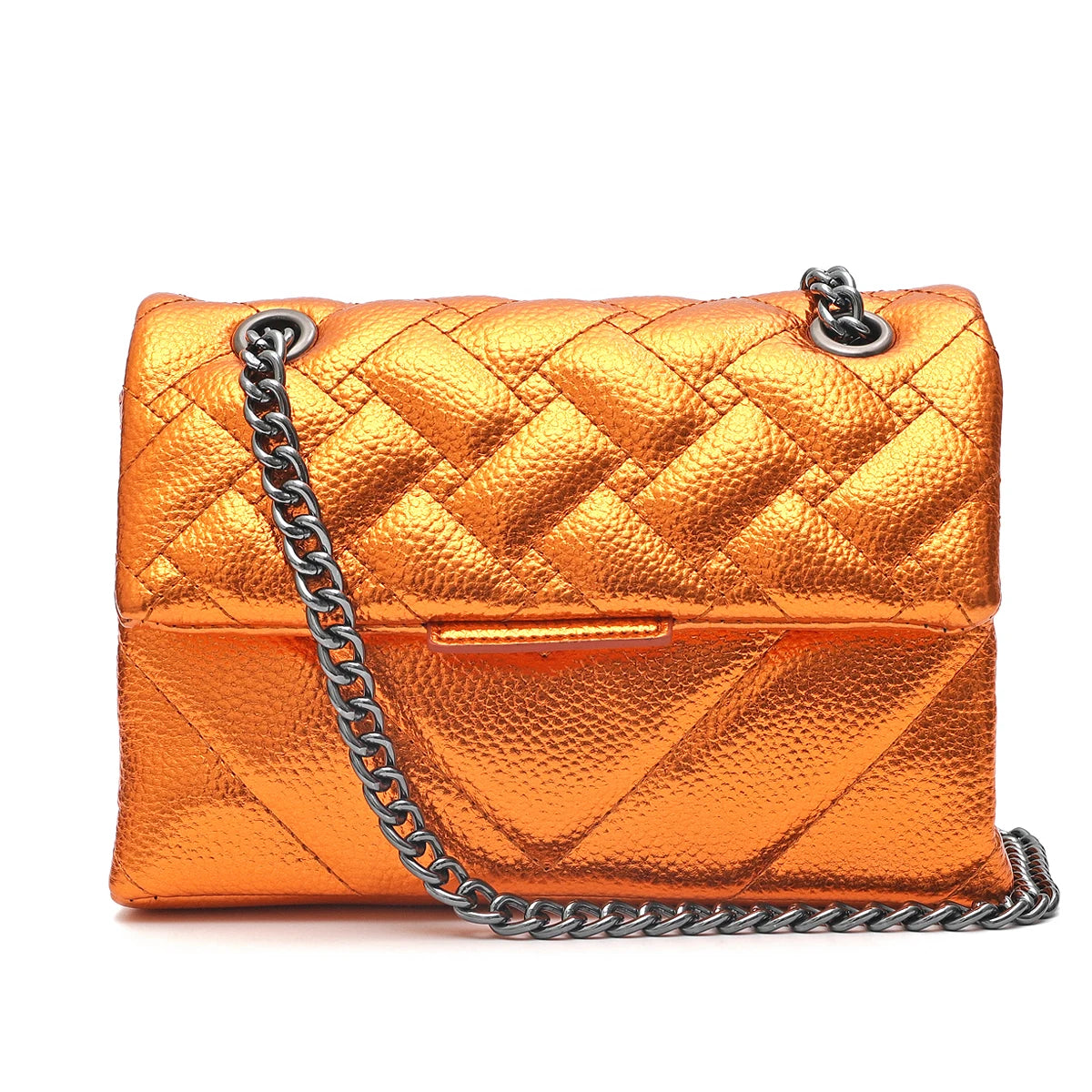 Women Fashion Metallic PU Vegan Leather Handbag Luxury Quilted Flap Messenger Shoulder Bag Long Chain Purse Daily Casual Travel
