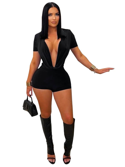 2026 Spring New Ruched Deep V Bodycon One Piece Rompers Women Short Sleeve Slim Jumpsuits Sexy Baddest Solid Color Overalls