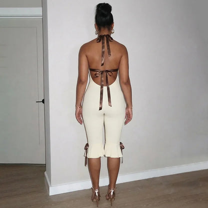 Summer Lace Up Halter Bow Y2K Jumpsuit Women Sexy V Neck Backless Bandage Skinny Party Club Rompers Beach Holiday Overall Outfit