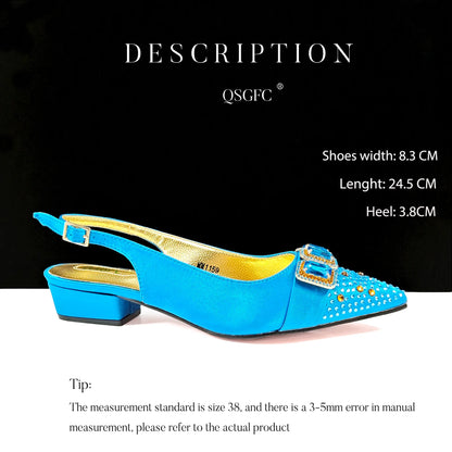 QSGFC 2026 Summer New Design Specials Italian Women Shoes and Bag Set Sky Blue Color Comfortable Low Heels With Rhinestone