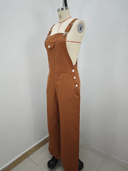 Early Autumn One-Piece Suit 2026 European And American Style Vacation Beach Retro Pocket Solid Color Workwear Strap Suit Thin Mo