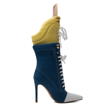 Color Block Denim Stiletto Mid Calf Boots Contrast White Toe Yellow Fold Over Cuff Front Lace Up Slim Heel Booties Women Punk