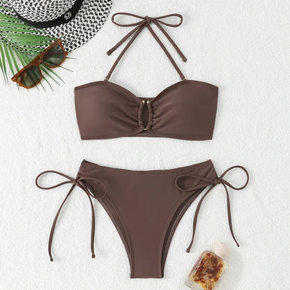High Waist Bikini Women's Swimsuit 2026 Knotted Bathing Suits Woman Swimwear Bandeau Push Up Bikinis Sets Brazilian Beach Wear