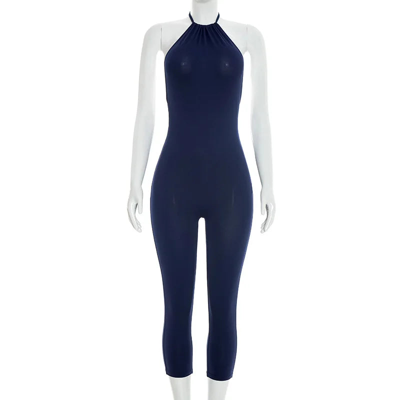 FAGADOER Sexy Solid Color Bodycon Jumpsuits Women Halter Sleeveless Backless Elasticity Romper Female Streetwear Overalls 2026