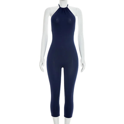 FAGADOER Sexy Solid Color Bodycon Jumpsuits Women Halter Sleeveless Backless Elasticity Romper Female Streetwear Overalls 2026
