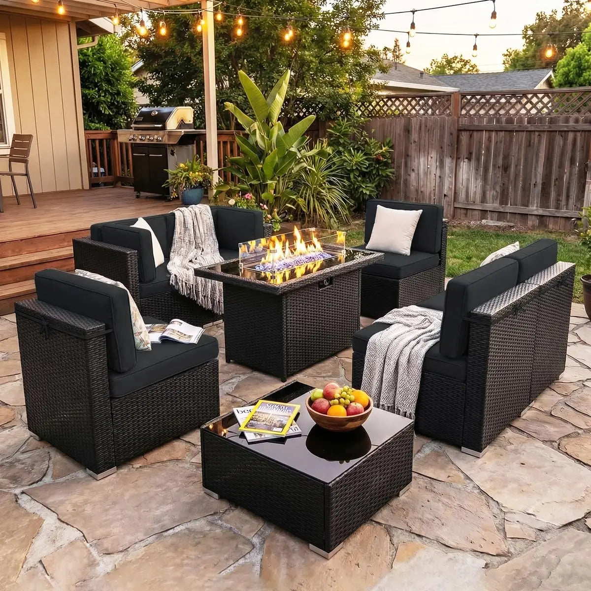 8-Piece Patio Wicker Sectional Sofa Set with 44" Propane Fire Pit Table & Coffee Table, Outdoor Furniture, Custom