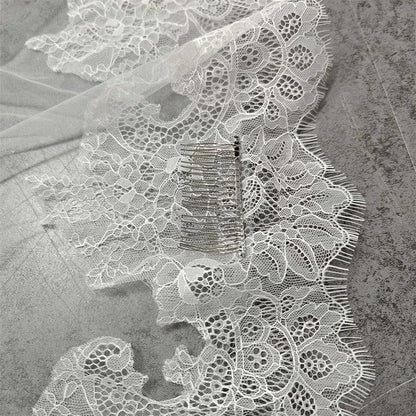 Customized Long Mantilla Veil with Eyelash Lace, 2.5m/3m Ivory Veil with Hidden Comb, Chantilly Eyelash Lace Wedding Veil