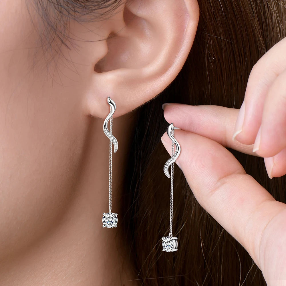 Sweetrain 1CT Moissanite Drop Earrings S925 Sterling Silver Long Tassel Dangle Earring for Women Wedding Jewelry Gifts with GRA