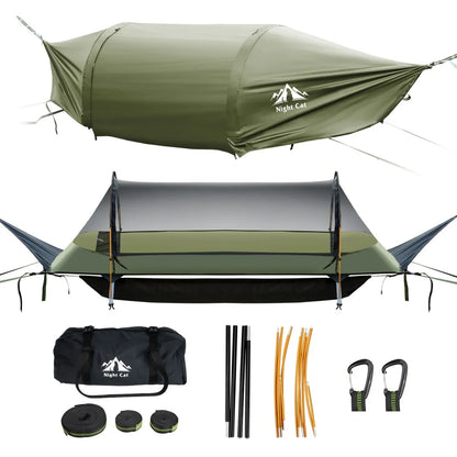 Night Cat Lay Flat Hammock: Flat Bottom with Mosquito Net Waterproof Rainfly for 1 Person Camping Hiking in Garden Backyard Wild