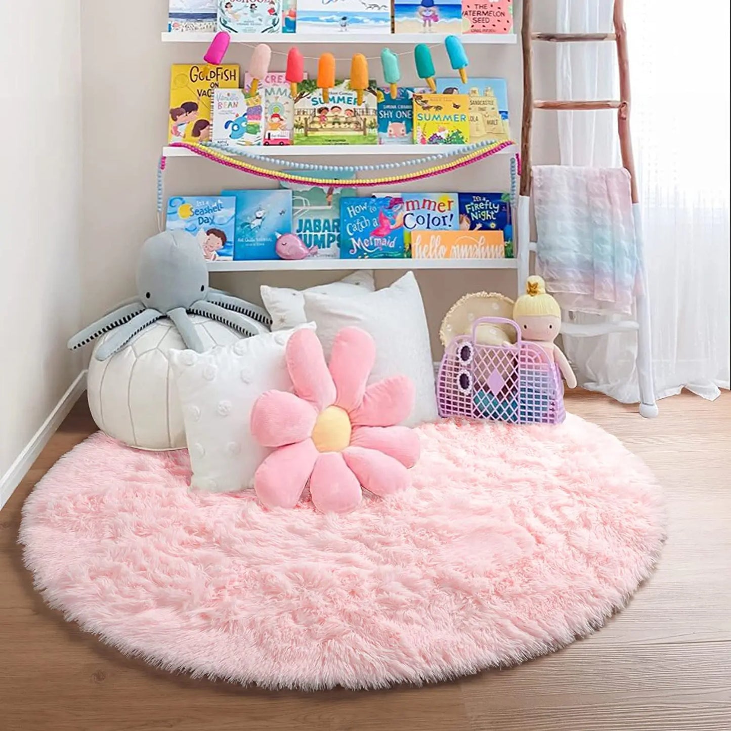 60/80/100/120/140/160 Round Rug Rainbow Fluffy Soft Area Rugs for Kids Girls Room Plush Shag Carpet Cute Circle Bedroom Decor