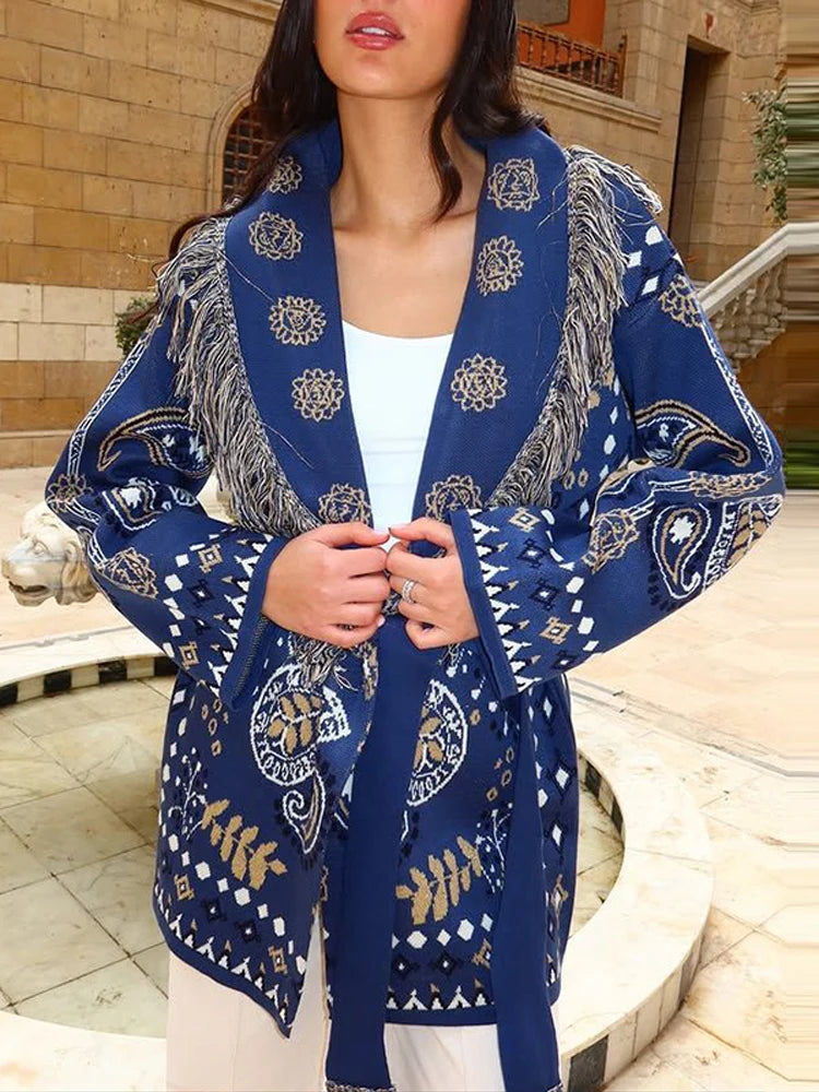 Gem Print Knit Tassel Cardigan Lapel Tie Loose Long Sleeve 2026 Autumn Chic Women Boho Street Daily Fashion Ladies Knitwear