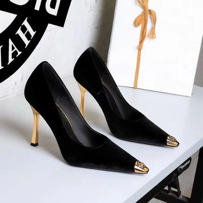 Women Peach Pink Velvet Metal Capped Pointed Toe Pumps Gold Trapezoid Thin High Heels Gentle Retro Luxury Date Banquet Ladies
