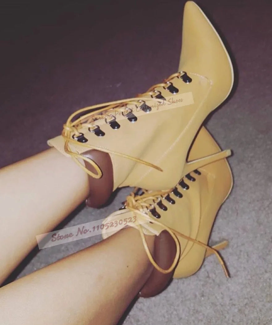 Women Camel Color Stiletto Heel Ankle Boots Brown Collar Patchwork Lace-Up Short Booties Pointed Toe Motorcycle Shoes
