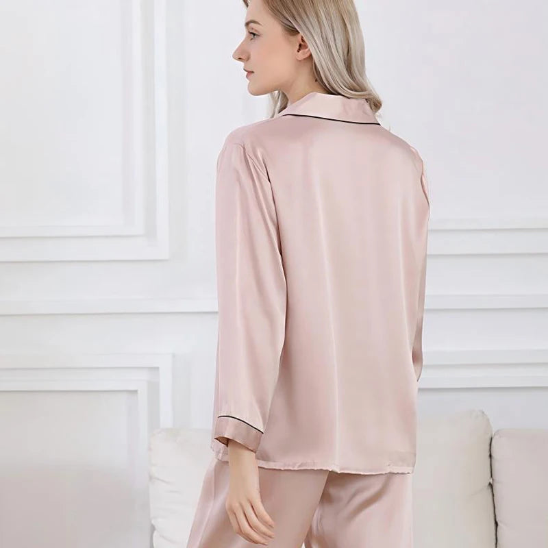 100% Mulberry Silk Pajamas Set for Women Long Sleeve Sleepwear Spring Summer Breathable Lounge Robe Comfortable Cool Silk