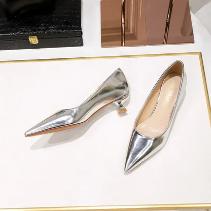 Women Comfortable 3.5cm High Heels Shallow Pointed Toe Work Pumps Lady Glossy Leather Low Heels 2024 Luxury Brand Designer Shoes