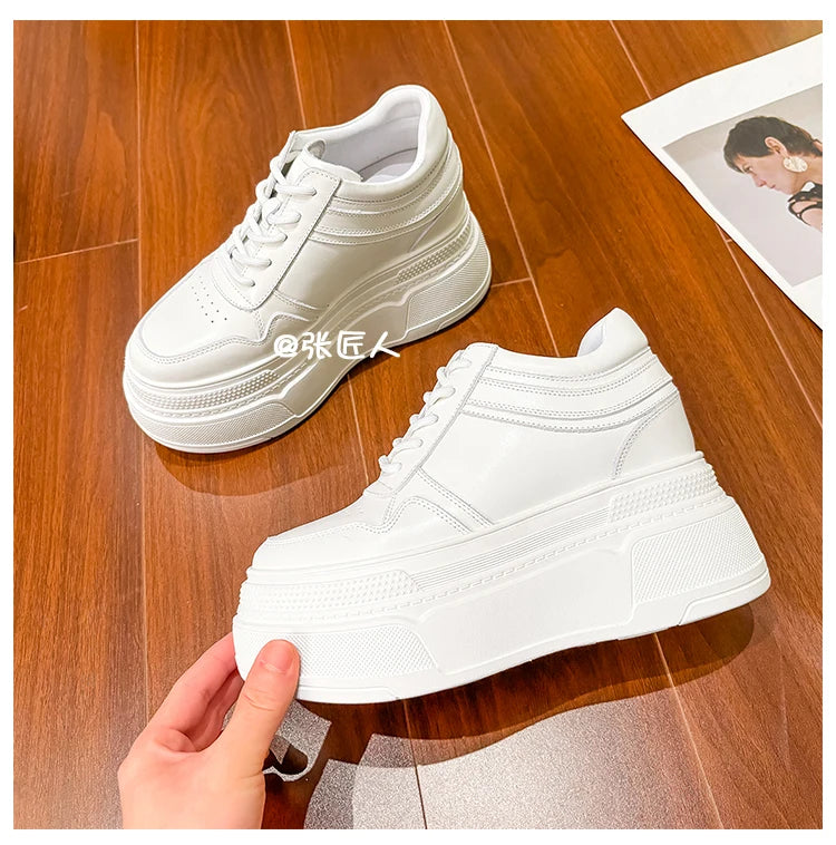 10-14cm Chunky Sneakers Women Platform Shoes Elevator Shoe White Mesh Breathable Sneakers Real Leather Increasing Shoes
