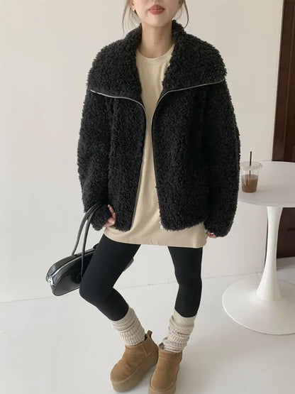 Fake Fleece Coat Women New Autumn Winter Casual Fleece-Lined Thickened Fur-Onepiece Coat Top