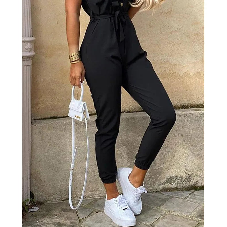 2025 New Women's Jumpsuit Casual Workwear Summer Romper with Print Button-up Lapel Waist Belt Slim Fit One Piece Pants Set Fashi