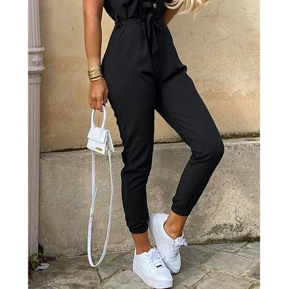 2025 New Women's Jumpsuit Casual Workwear Summer Romper with Print Button-up Lapel Waist Belt Slim Fit One Piece Pants Set Fashi