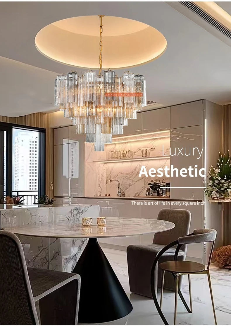 Round Murano Glass Ceiling Chandelier For Dining Living Room Bedroom Foyer Amber Glass Crystal Tube Hanging Chandelier Lights
