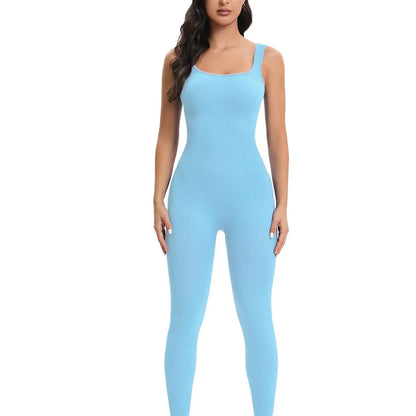 Women Workout Seamless Jumpsuit Yoga Ribbed Bodycon One Piece Tank Top Leggings Romper