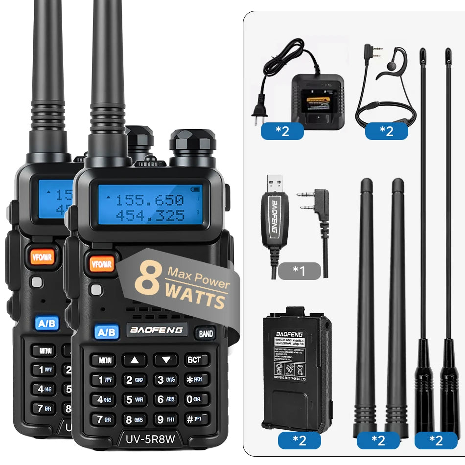1/2PCS BaoFeng UV-5R 8W Tri-Power Walkie Talkie High Power Dual Band Long Range 128 CH Portable Handheld UV 5R Ham Two Way Radio