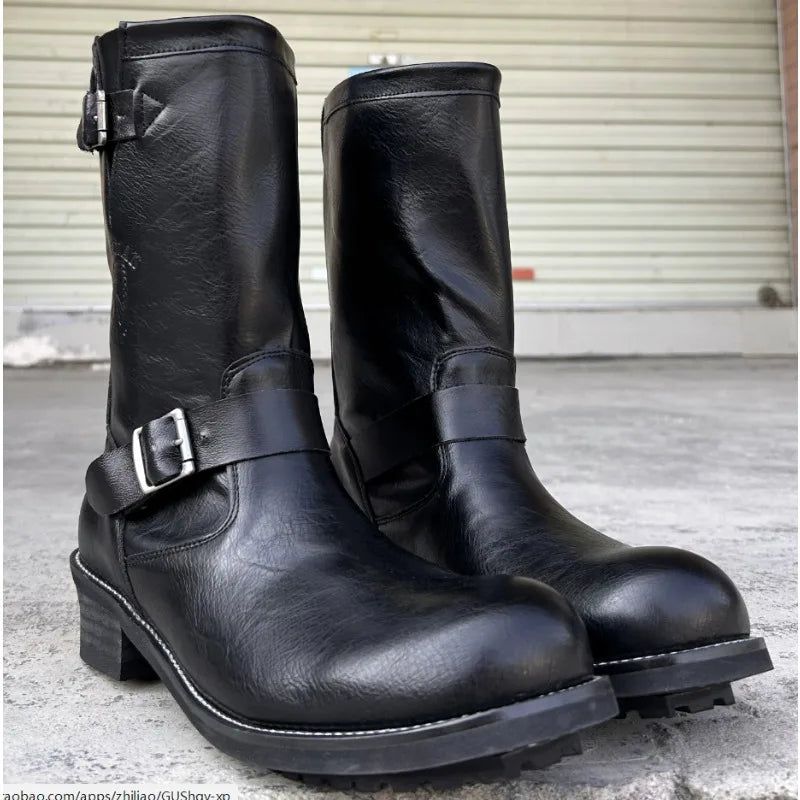 Retro Genuine Leather British Long Chelsae Boots Knee High Buckle Strap Riding Botas Moto Thick Heel Engineer Boots