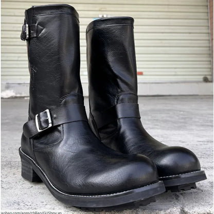 Retro Genuine Leather British Long Chelsae Boots Knee High Buckle Strap Riding Botas Moto Thick Heel Engineer Boots