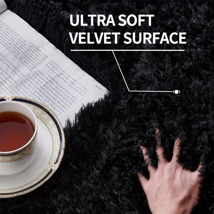 Fluffy Large Carpet for Living Room Black Non-Slip Machine Washable Plush Area Rugs for Bedroom Soft Thick Floor Mats