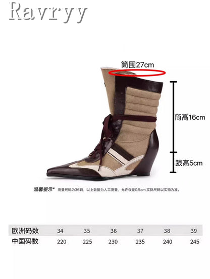 Niche Design Pointed Toe Colorblock Short Boots Fashion Women's Wedge Heel Lace Up Sporty Boxing Boots