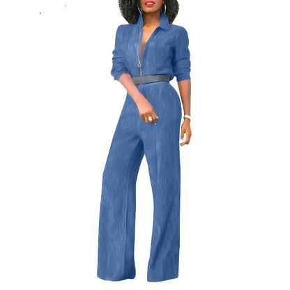 2024 Spring New Women's Jumpsuit Street Style Retro Washed Denim Fabric Lapel Half Open Long Sleeved Women's Jumpsuit