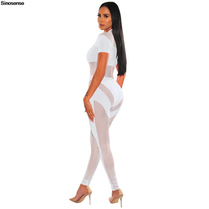 Women Sexy Jumpsuits Short Sleeve Sheer Mesh Slim Bodycon Jumpsuit One Piece Summer Rompers Y2K Street Night Club Party Outfits