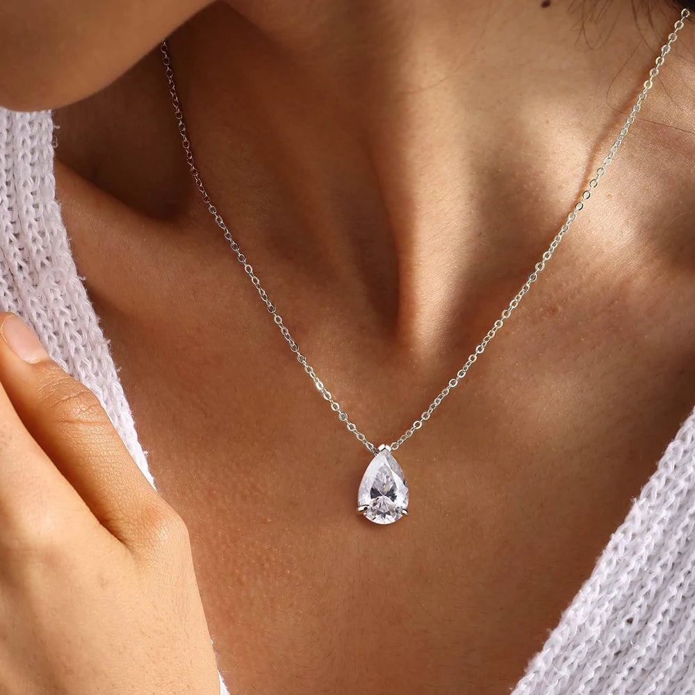 IGOTOS 1-4CT Water Drop Moissanite Pendant Necklace Women 925 Sterling Silver Round/Sharp Claw Lab Diamond Pendant Neck Chain