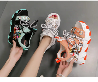 Maogu Mixed Color Shoes Sports Wedge White Sandals Women High Heel Beach Casual Shoe Leisure Lady Platform Chunky Sandals