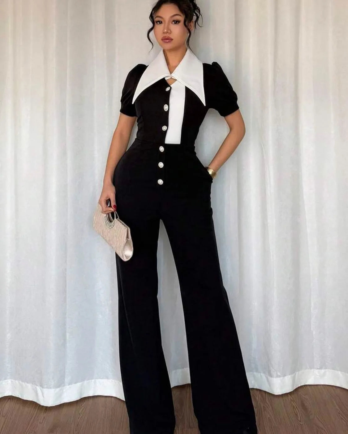 CM.YAYA Fashion Women Puff Short Sleeve Patchwork Bowknot Button Fly Wide Leg Jumpsuits Street Outfits One Piece Suit Rompers