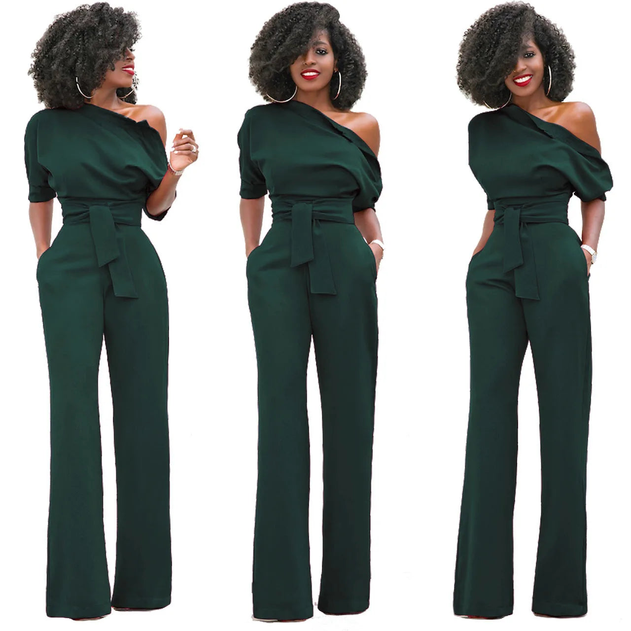 2024 Summer New Fashion Women's Jumpsuit Solid Color Slanted Shoulder Elegant Temperament Sleeveless Long Wide Leg Jumpsuit