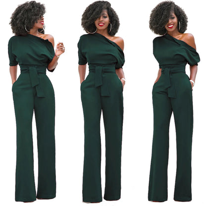2024 Summer New Fashion Women's Jumpsuit Solid Color Slanted Shoulder Elegant Temperament Sleeveless Long Wide Leg Jumpsuit
