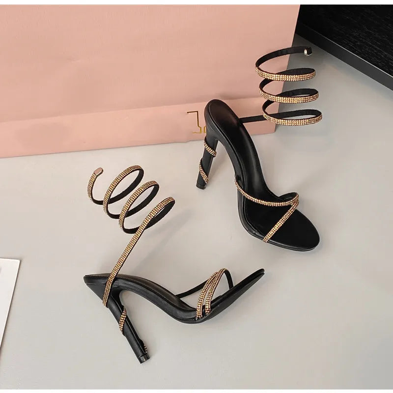 Luxury Crystal Snake Coiled Women Sandals Sexy Narrow band Thin High heels Wedding Party Female Gladiator Sandals Summer Shoes
