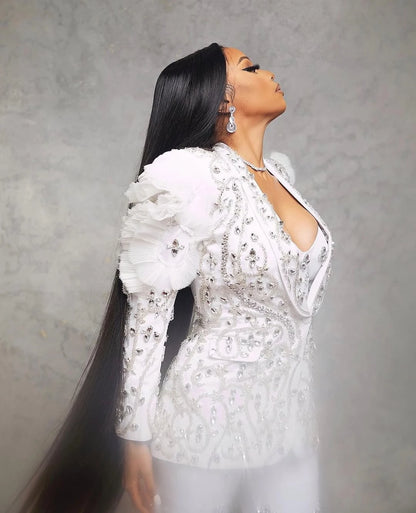 Sexy V Neck Crystal Women Blazer Suits 2 Pieces Beading Appliques Ruffle Jacket Customized Wide Leg Pants Celebrity Party Dress