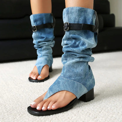 New Fashion sandalias femininas Clip Toe Chunky Heels High Top Sandals Women Knee High Boot Summer Shoes Lady Flip Flops WSH5264