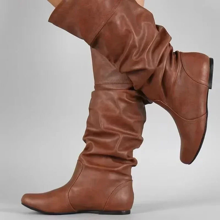 2025 New Women Flat Boots Fashion Pleated Leather Boots Autumn Winter Slip on Mid-Calf Shoes for Women Brand Designer High Boots